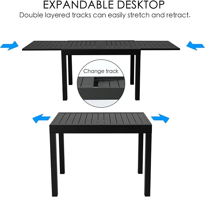 Kozyard Villa Expandable Patio Dining Table - Adjustable, Aluminum Outdoor Furniture for 4-6 Person, Perfect for Backyard, Porch, Deck, Garden - Dark Grey, 43"- 86"