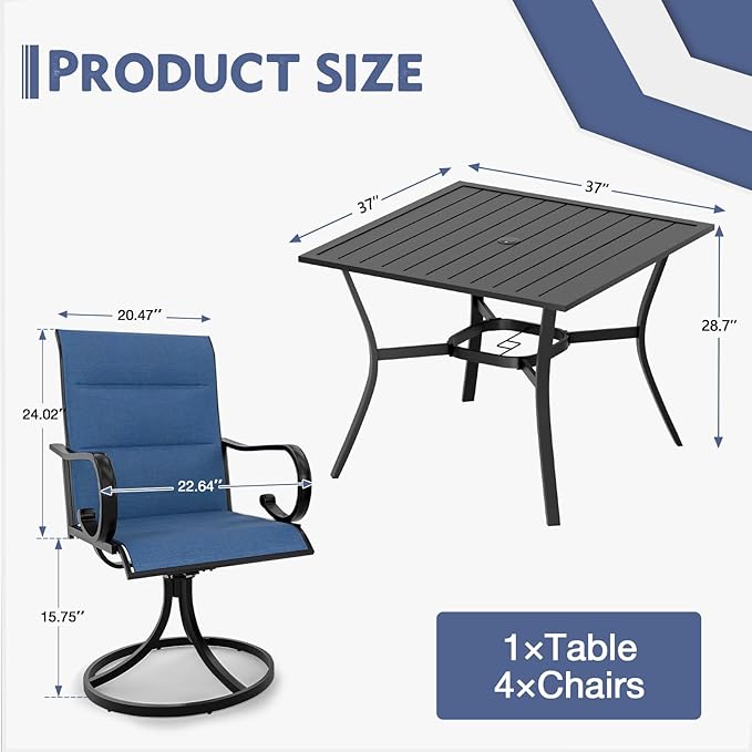 MELLCOM 5 Pieces Outdoor Dining Set, 4 Swivel Rocker Chairs with High Back Textilene & Square Metal Dining Table with Umbrella Hole, Patio Furniture Set for Porch, Garden, Backyard, Deck, Blue