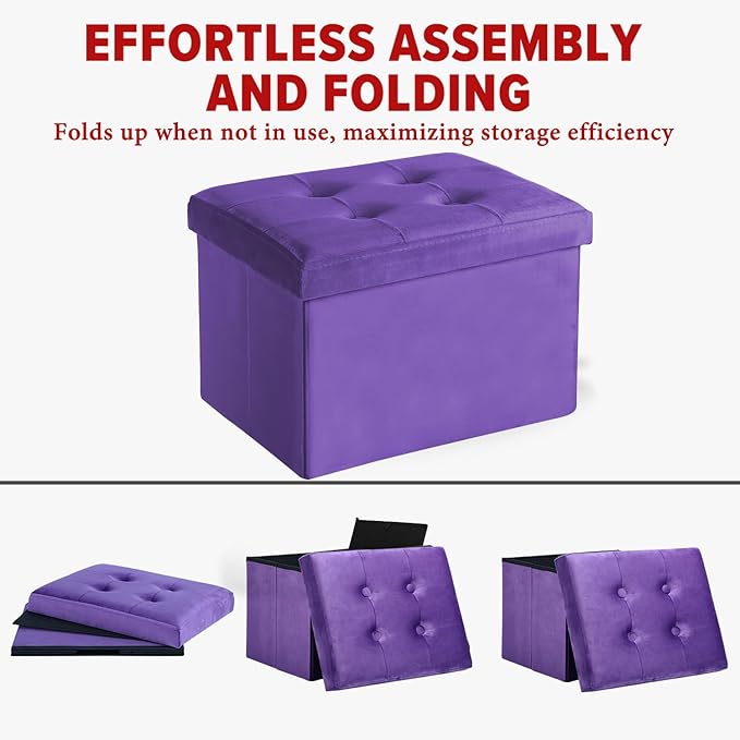 Storage Ottoman Folding Foot Stool Velvet Foot Rest with Padded Modern Ottoman with Storage for Living Room Puppy Step Stool 17x13x13in(Purple)
