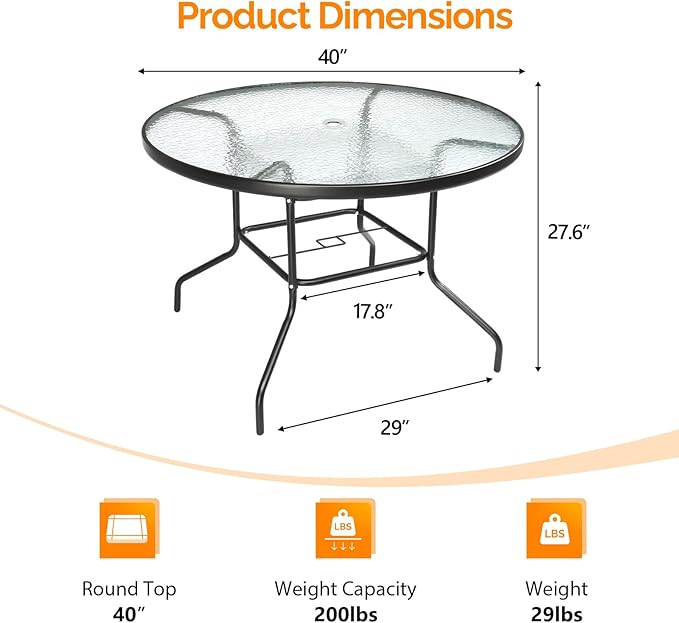 VINGLI 40'' Outdoor Dining Table with Umbrella Hole, All Weather Round Patio Table, Waterwave Tempered Glass Top and Metal Frame, for Garden Porch Balcony Yard
