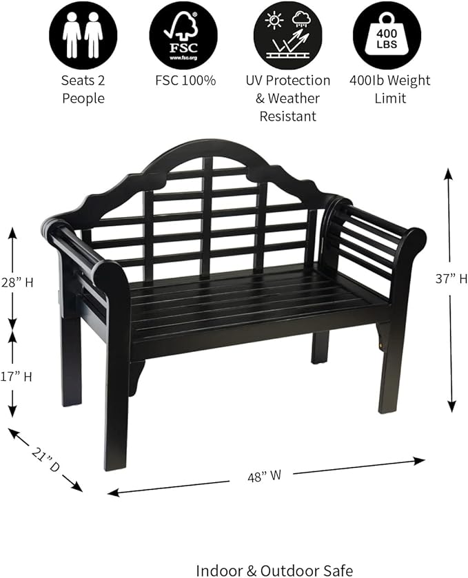 Plow & Hearth Weatherproof Lutyens Eucalyptus Wood Garden Bench | Foldable Patio Bench | Outdoor Furniture Seating for Porch Park Deck | Black
