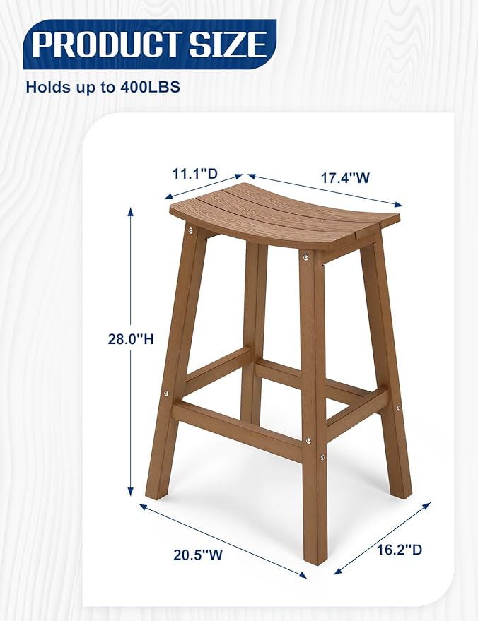 Weatherproof Bar Stools Set of 4, 28" Height Outdoor Bar Stools Holds up to 400 lbs, Saddle Seat, Bar Height Stools for Patio, Garden, and Kitchen Island, Teak