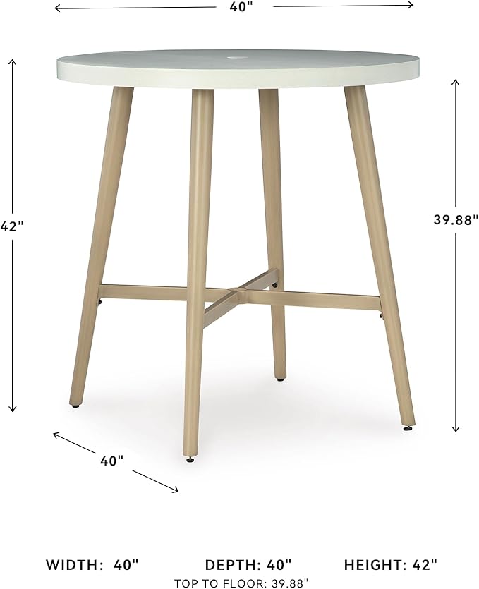 Signature Design by Ashley Seton Creek Casual Outdoor Bar Table with Umbrella Hole, Beige & White