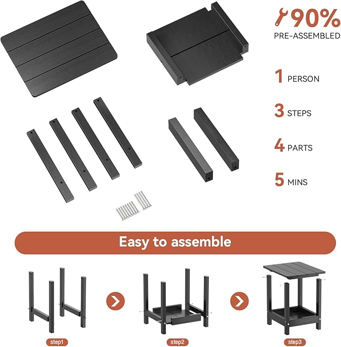 Adirondack Outdoor Side Table Small Outside Table for Patio Poolside Yard Garden 2-Tier Outside End Tables, Indoor or Outdoor Use, Easy Maintenance, 2 Pcs, Black
