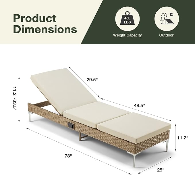 HOMREST Outdoor Chaise Lounge Chair Set of 2, Patio Wicker Lounge Chairs with Adjustable Backrest, Rattan Pool Sunbathing Chaiser with Removable Cushion (Khaki)