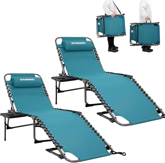 FUNDANGO 2 Pack Folding Chaise Lounge Chair Outdoor, 5 Positions Foldable Beach Lounges Chairs for Adults with Side Table & Pillow for Outside Tanning Pool Camping Patio Lawn (Cyan)