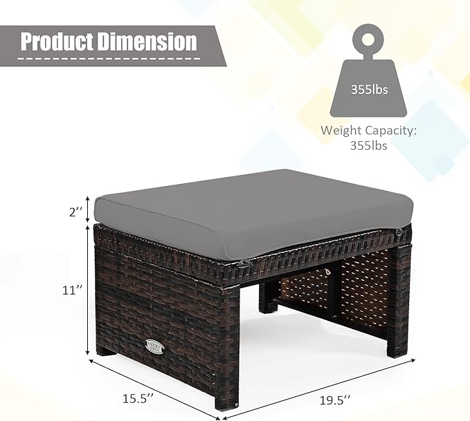 Tangkula 2 Pieces Patio Rattan Ottomans, All Weather Outdoor Footstool Footrest Seat with Soft Cushion, Hidden Zipper, High-Density Sponge, Wicker Ottoman Seat for Patio, Garden, Poolside