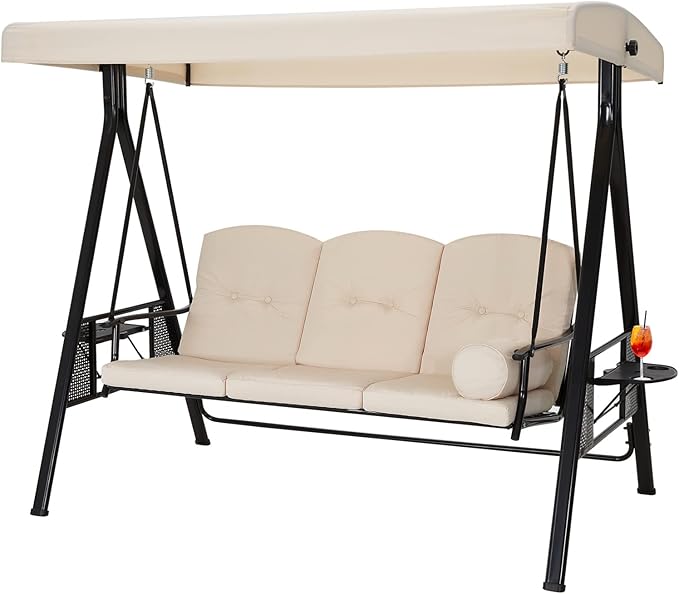 AECOJOY Outdoor Porch Swing, 3-Seat Porch Swing with Adjustable Canopy, Outdoor Swings for Adult with Beige Removable Cushions for Backyard, Garden, Yard, Poolside, Balcony