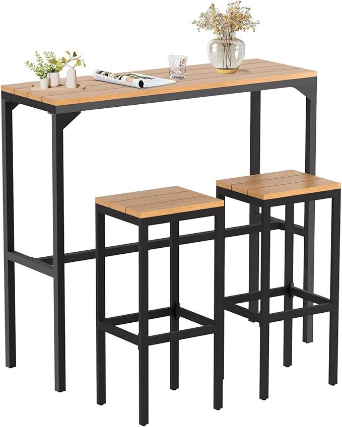 AECOJOY 3-Piece Outdoor Bar Set, Patio Bar Height Table and Chairs Set 47" Rectangular Pub Height Bar Table with 2 Bar Stools Patio Pub Bar Set for Balcony, Porch