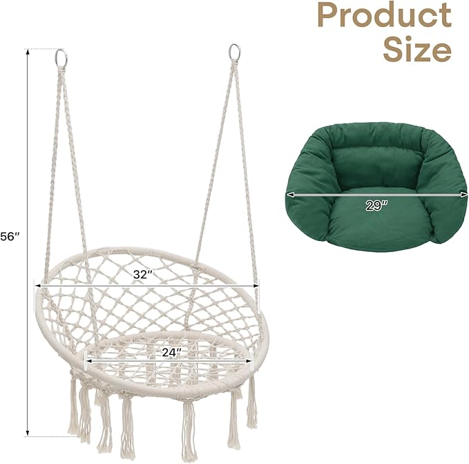 Athena Collection Hammock Chair Hanging Swing Chair with Large Thick Cushions, Outdoor Hanging Chair with Macrame Cotton Rope for Indoor, Outdoor, Bedroom, Balcony, Holds 350 Lbs, Green