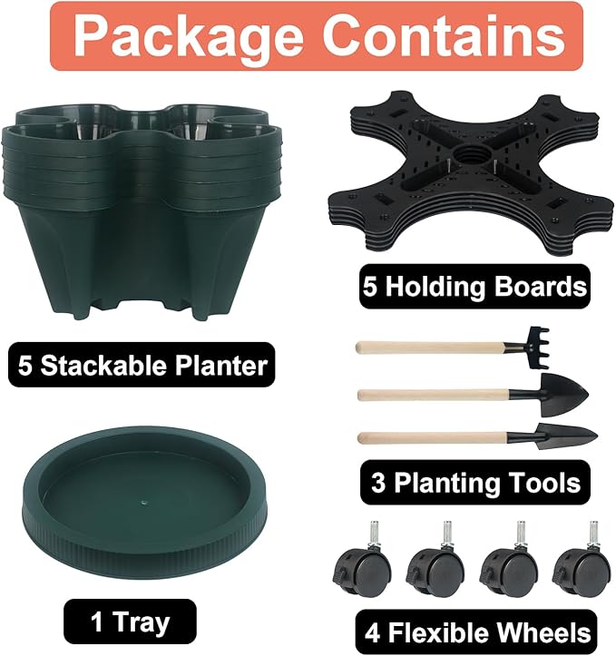 GameXcel Vertical Planter 5 Tier Stackable Planters Garden Planters Strawberry Herb Flower and Vegetable Planter Indoor Outdoor Gardening Pots with Removable Wheels and Tools