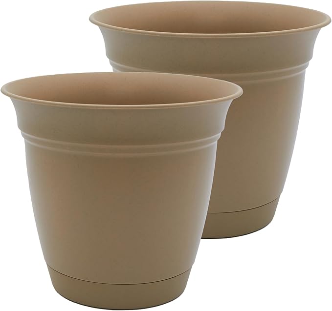 The HC Companies 10 Inch Eclipse Round Planter Pots with Drainage Holes & Attached Saucer, Lightweight UV-Resistant Plastic Indoor & Outdoor Planters, 2-Pack Flower Pots, Garden Home Decor, Sandstone