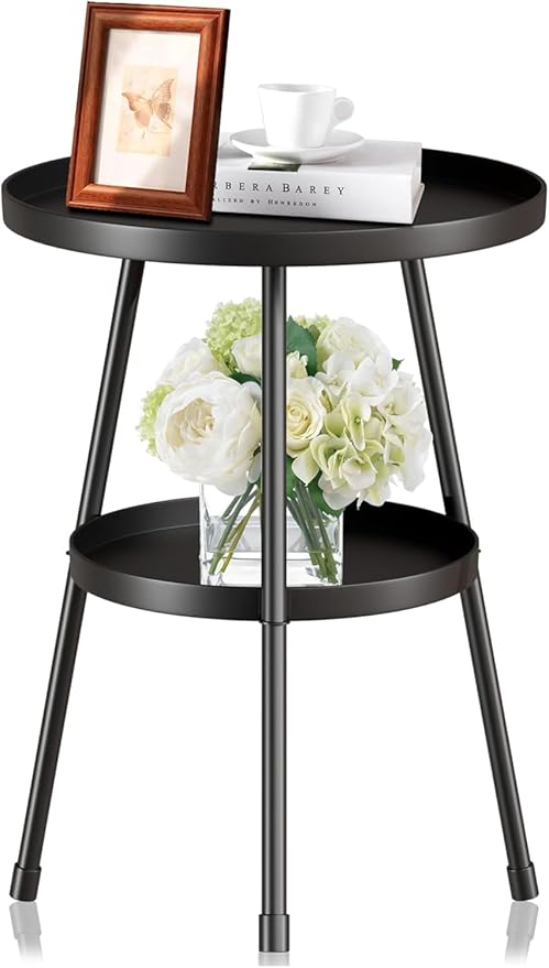 SYQ Round Metal Side Table Small End Table for Indoor Outdoor, Mid Century Modern Decor, Simple Circle Accent Table for Living Room Bedroom Bathroom Office All Matte Black