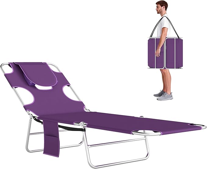 Outsunny Chaise Lounge Chair Outdoor with Face Arm Hole, 5-Position Reclining Face Down Tanning Chair with Carry Strap, Side Pocket, Portable Folding Bed Cot for Patio Beach Pool, Purple