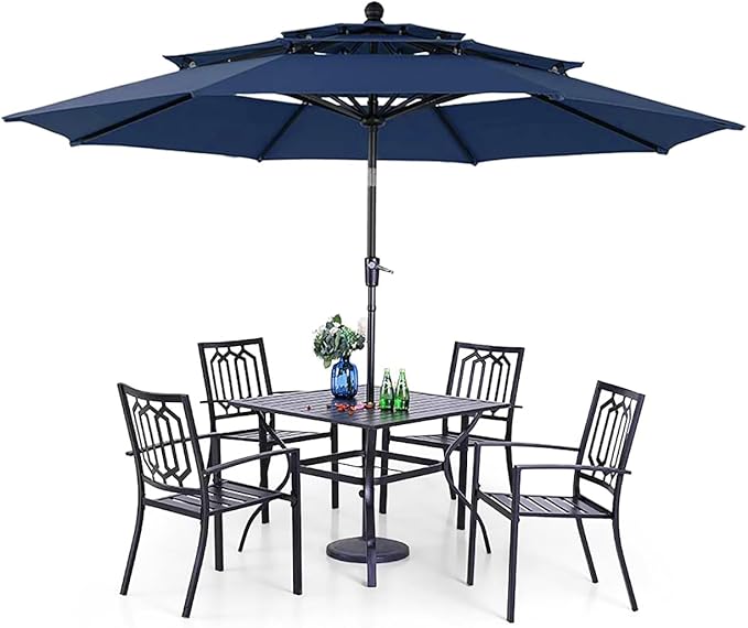 PHI VILLA Patio Dining Set 5 pcs with Umbrella(Navy Blue),1 Square Metal Table& 4 Metal Outdoor Stackable Chairs and 1 10ft 3 Tier Auto-tilt Umbrella (Base Not Included)