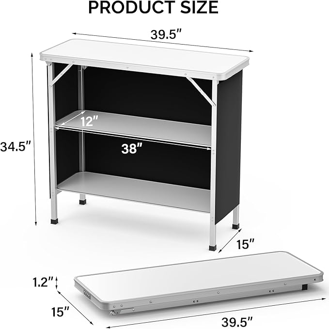 VINGLI Portable Bar Table, 3-Tier Shelves, Mobile Bar Table for Events, Party, Camping, Picnic, Tradeshow, Indoor with Black Skirt, 39 "L x 34" H