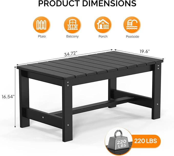 VINGLI Outdoor Coffee Table, HDPE Patio Coffee Table for Outside, All-Weather Rectangle Coffee Table for Deck, Garden, Balcony, Porch, Indoor & Outdoor Use, Black