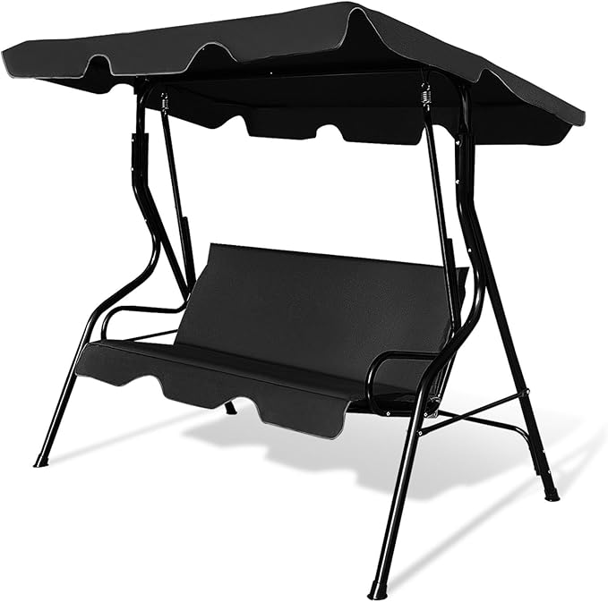 Porch Swing Outdoor, 3 Person Patio Swing w/Removable Cushion, Stand & Adjustable Canopy, Heavy Duty Swing Chair for Patio, Garden, Courtyard, Poolside