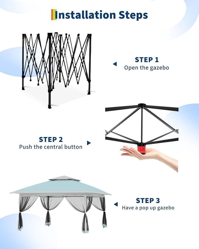 Canopy Tent 13x13 ft, Pop Up Gazebo One-Push Setup with 4 SandBags for Backyard Parties and BBQs, Mosquito Netting & Height Adjustable - Lake Blue