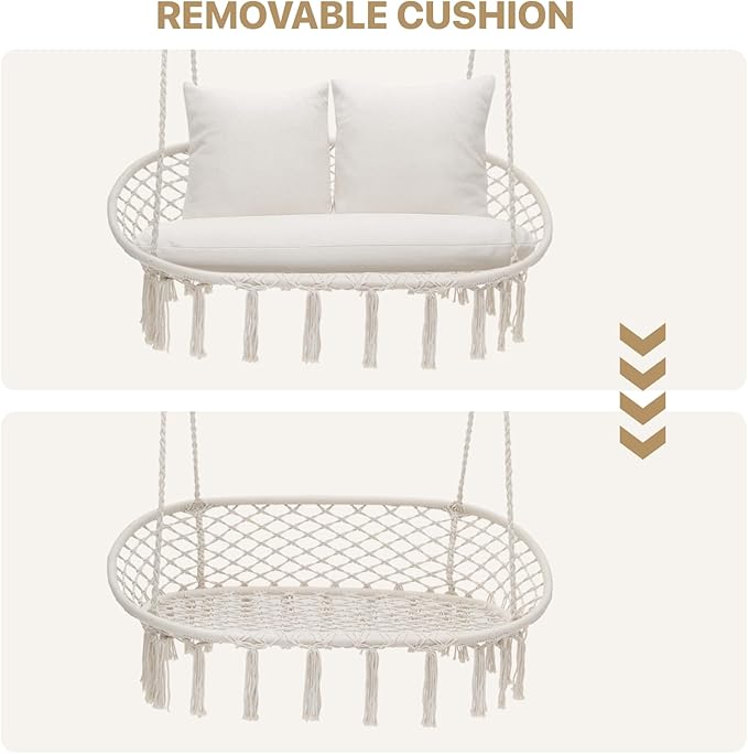MoNiBloom Double Swing Chair with 3 Cushions for Outside, Large Hanging Macrame Swing Chair for Indoor/Outdoor Relax, Adult Hammock Boho Chair Max 700 lbs Capacity for Porch Balcony Backyard, Beige