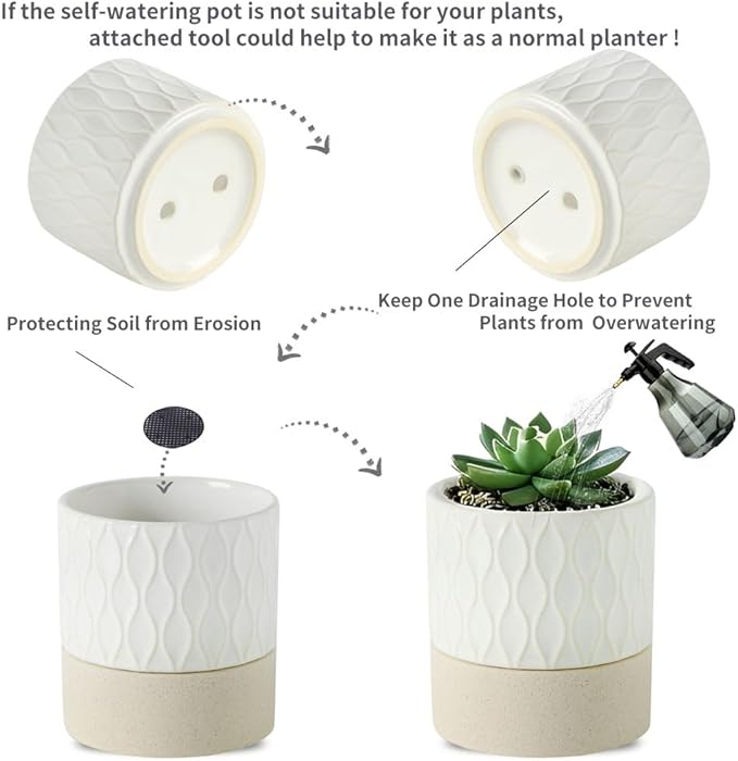 Nihow Self Watering Plant Pot for Indoor Plants: 6 Inch Ceramic Planter with Drainage Hole & Water Storage Plus - Cylinder Flower Pot with Wick for Herbs - Cream White & Brown Net
