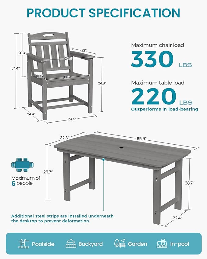 Ciokea HDPE Outdoor Dining Table with Umbrella Hole,66" Rectangle Patio Table for 6,All-Weather Outdoor Patio Furniture Set for Garden Backyard,Grey