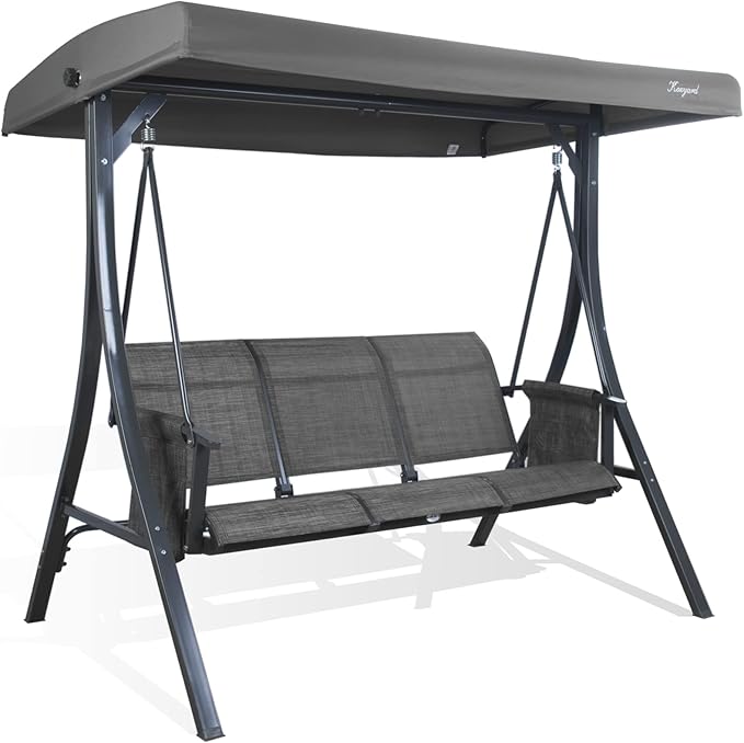 Kozyard Brenda 3-Seat Outdoor Porch Swing Glider, Patio Swing with Adjustable Canopy, Steel Frame, Breathable Textilene Seat & Back, Side Pockets (Gray)
