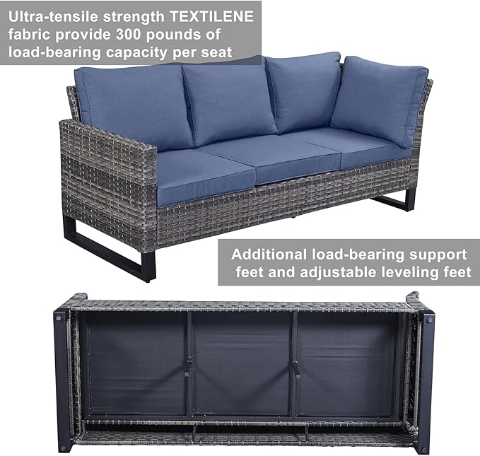 Belord Outdoor Sectional Sofa 6 Seater L Shaped Couch Wicker Patio Conversation Furniture Set with Tree-Grain Finish Metal Dining Table, Rattan Outdoor Furniture with Removable Washable Cushion Blue