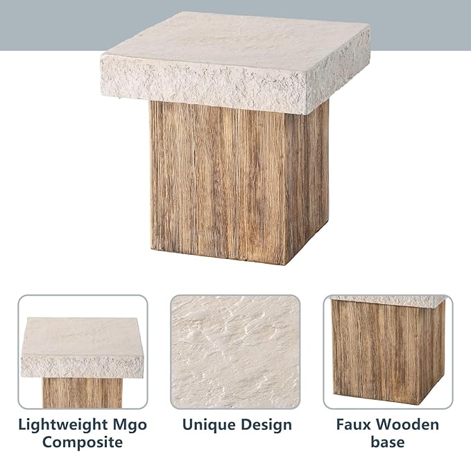 COSIEST Outdoor Medium Side Table, Patio Coffee Table, 19.7 inches Square MgO End Stool with Faux Wooden Pedestal Base,for Patio, Garden, Backyard, Antique Beige