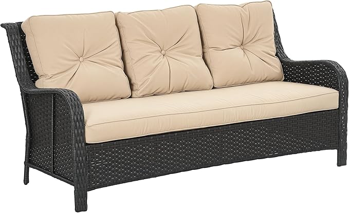 Outsunny 3-Seater Outdoor Sofa with 4" Thick Padded Cushions, PE Rattan Patio Outdoor Couch with Curved Armrests for Sunroom, Garden, Poolside, Beige
