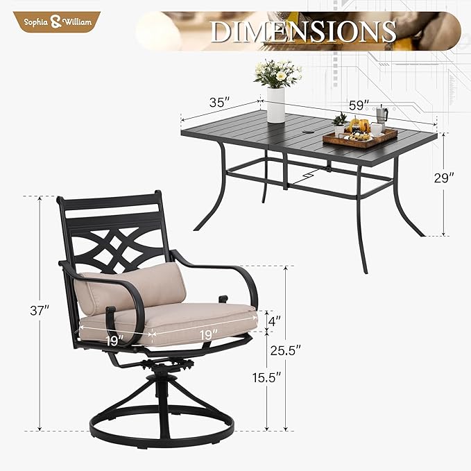 Sophia and William Swivel Patio Dining Set for 6, Outdoor Table and Chairs, Removable Seat Cushions, 59" Black Patio Dining Table