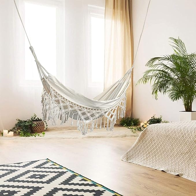 Hammock Brazilian Double Hammocks Soft Comfortable Fabric Cotton Canvas Hanging Portable Two Person Hammock Boho Fringe Large for Adults Backyard Travel