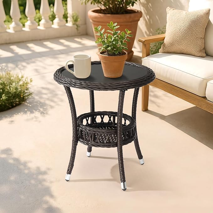 VINGLI Outdoor Wicker Side Table, Patio Side Tables for Outside Tempered Glass Top Wicker Table with Storage End Table for Balcony Porch Deck (Dark Brown)