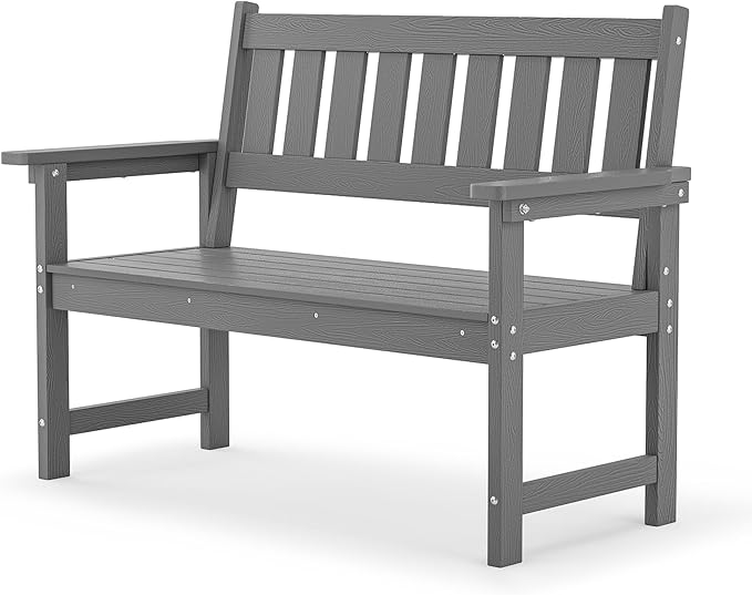 LUE BONA Outdoor Bench, 2-Person HDPS Garden Bench, Outdoor Benches Weatherproof, All-Weather Fade/Rot Resistant Patio Bench for Park, Front Porch, Backyard (Dark Gray)