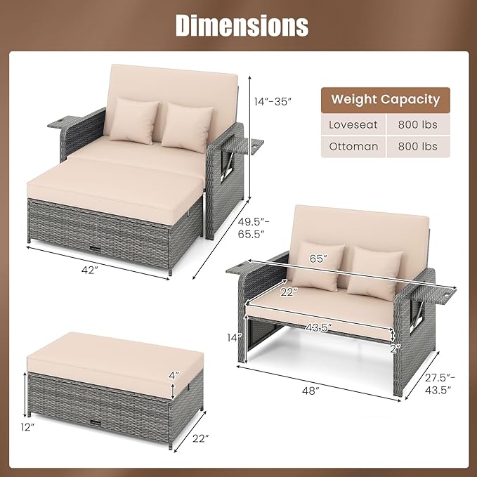 HAPPYGRILL Patio Rattan Wicker Daybed with Loveseat & Storage Ottoman, Outdoor Lounge Sofa Furniture Set with Adjustable Backrest & Side Trays, for Poolside Deck Porch Lawn (Mix Grey & Beige)
