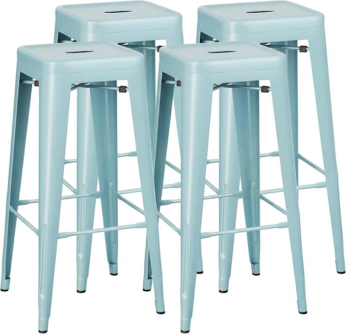 Shahoo 30 Inches Metal Bar Stools Counter Height Stackable Backless Stools, Industrial Patio Stools Indoor Outdoor Metal Kitchen Stools Set of 4 (Blue, 30'')