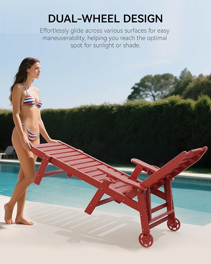 Carauci Lounge Chair Outdoor Set of 2, HDPE Chaise Lounge with Wheels, 5-Position Adjustable Backrest & 2 Cup Holders Patio Lounge Chair, All-Weather Pool Sun Lounger for Poolside, Backyard, Red