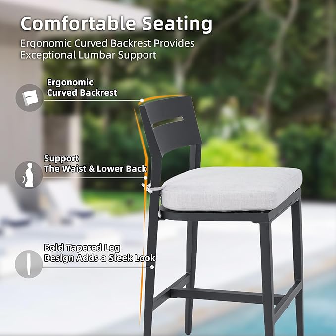 Modern 5PCS Outdoor Patio Bar Set, Rounded Square 35.4'' Sintered Stone Table & 4 Aluminum Bar Stools, Ember Black, Greek White Marble-Inspired Top, Tapered Legs, Weather-Resistant