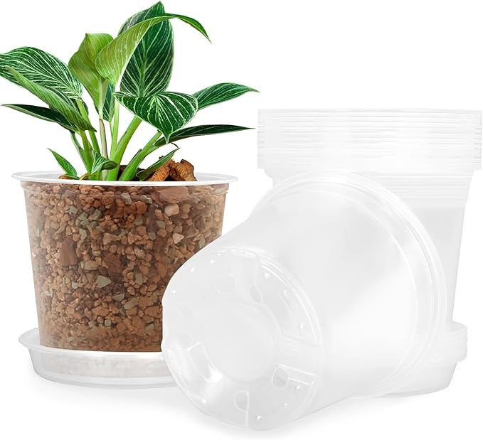 4 Inch Clear Nursery Pots for Plants with Sacuers 15 Pack, Plastic Flower Pots with Drainage Holes, Variety Pack Seedlings Garden Pot for Indoor Outdoor (4 inch)