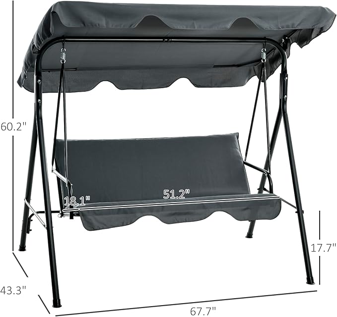 Outsunny 3-Seat Outdoor Patio Swing Chair with Removable Cushion, Steel Frame Stand and Adjustable Tilt Canopy for Patio, Garden, Poolside, Balcony, Backyard, Gray