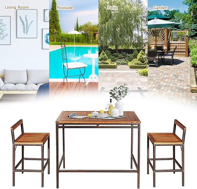HAPPYGRILL 3 Pieces Outdoor Wicker Rattan Bar Set, Acacia Wood Patio Dining Furniture Set with 2 Chairs for Poolside Backyard Patio Balcony