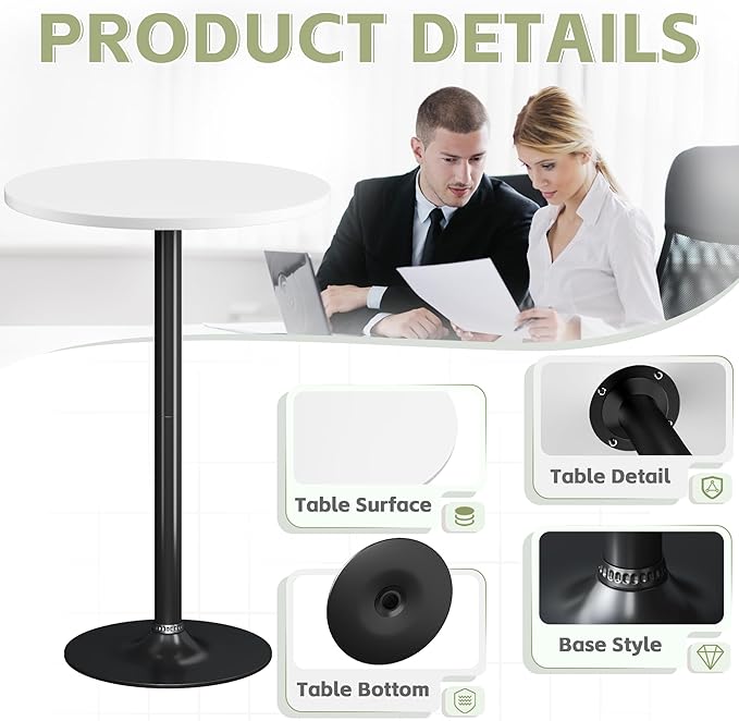 Flamaker Round Bistro Pub Table Modern Style Metal Base MDF Top Cocktail Bar Table Counter Bar Height for Pub, Dining Room, Party (2, White-Black)