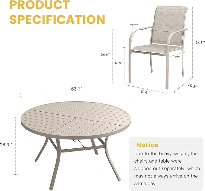 VICLLAX Patio Table and Chair Set of 8, All Weather Metal Round Outdoor Dining Furniture Set-53 Round Outdoor Table and Chairs, Sandshell Tabletop