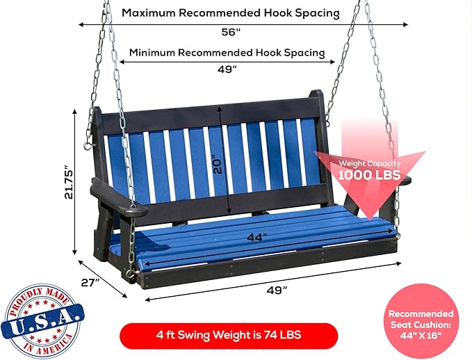Poly Lumber Wood 4FT Mission Porch Swing Amish Craftsmandship Made in USA HDPE with No Wood fibers 1000 lbs Limit. Stainless Steel Hardware.Signature Design for Patio Outdoor Backyard Garden Park