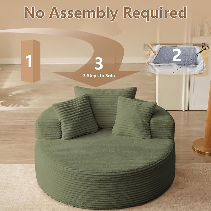 Oversized Round Chair Lounge Chaise Indoor, Upholstered Corduroy Deep Seat Cloud Large Circle Sofa Chair, No Assembly Required, Fluffy Modern Sleeper Sofa Bed for Reading, Living Room, Bedroom, Green