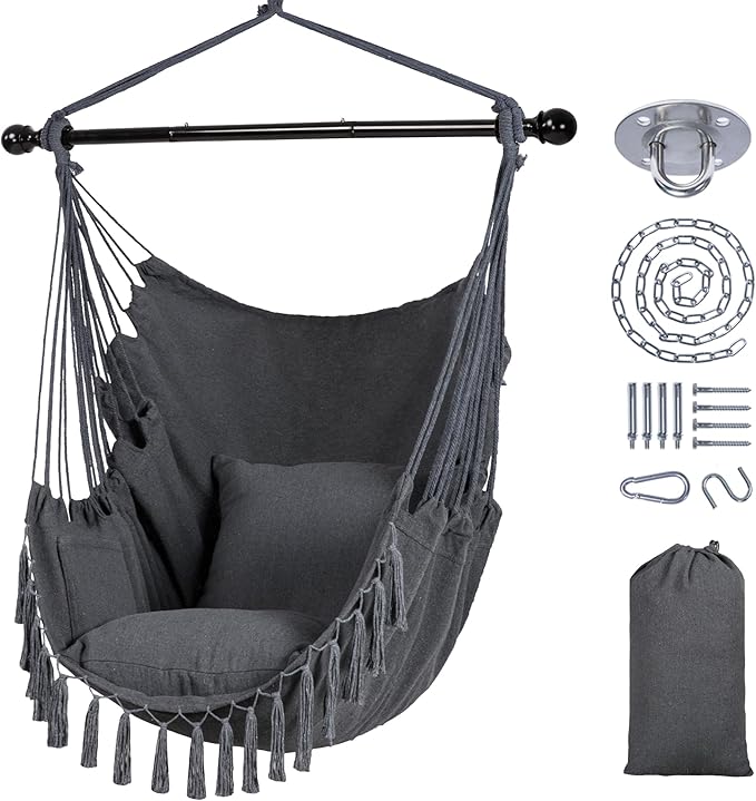 SUNCREAT Hammock Chairs Hammock Chair Swing with Steel Support Bar, Side Pocket, Large Swing Chair for Bedroom, Patio, Garden, Dark Gray
