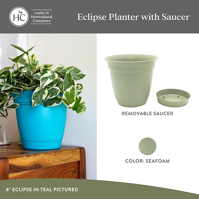 The HC Companies 10 Inch Eclipse Round Planter Pots with Drainage Holes & Attached Saucer, Lightweight UV-Resistant Plastic Indoor Outdoor Planters, 2-Pack Flower Pots for Garden & Home Decor, Seafoam