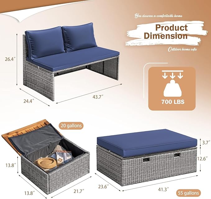 Devoko Patio Day Bed Outdoor Daybed Set Multifunctional Rattan Lounge Bed with 2 Side Tables for Backyard Porch Poolside Lawn Beach (Navy Blue)