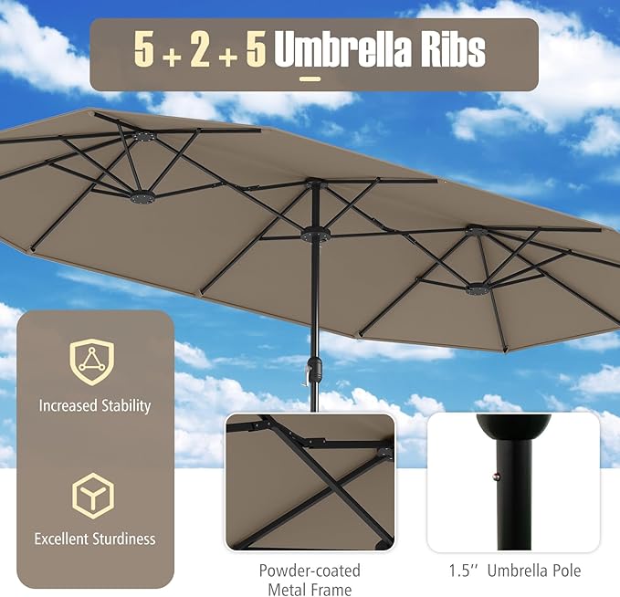 Tangkula 9 Piece Rattan Outdoor Dining Set with 13Ft Umbrella for 6, Outdoor Wicker Table Set with 6 Cushioned Armchairs, Acacia Wood Top, Outdoor Umbrella & with Base Included