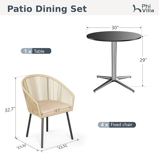 PHI VILLA 5 Pieces Outdoor Small Dining Set for 4, 30" Round Metal Pedestal Table with & Brown Wicker Chairs with Cushions, Modern Outside Dining Bistro Furniture for Patio, Deck, Backyard, Porch